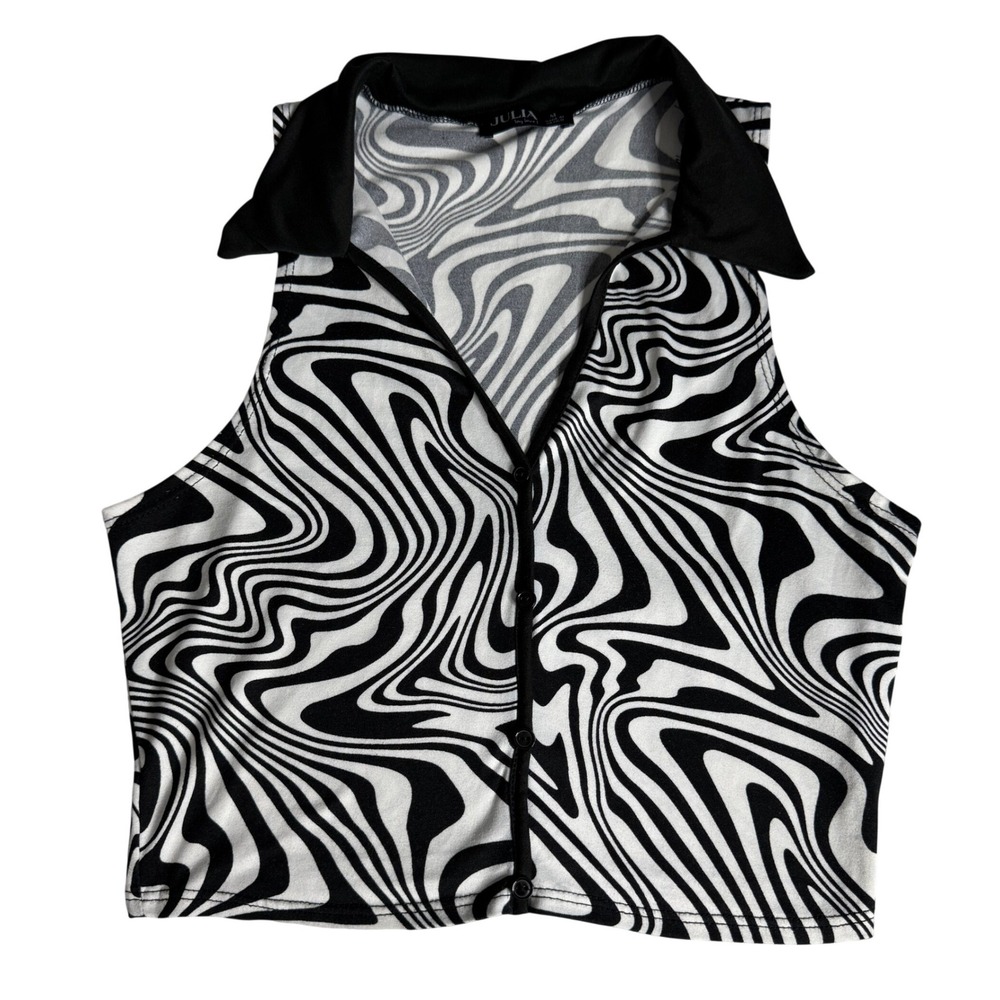 Julia by Love J Y2K Retro Swirl Sleeveless Button Up Crop Top Black White Medium